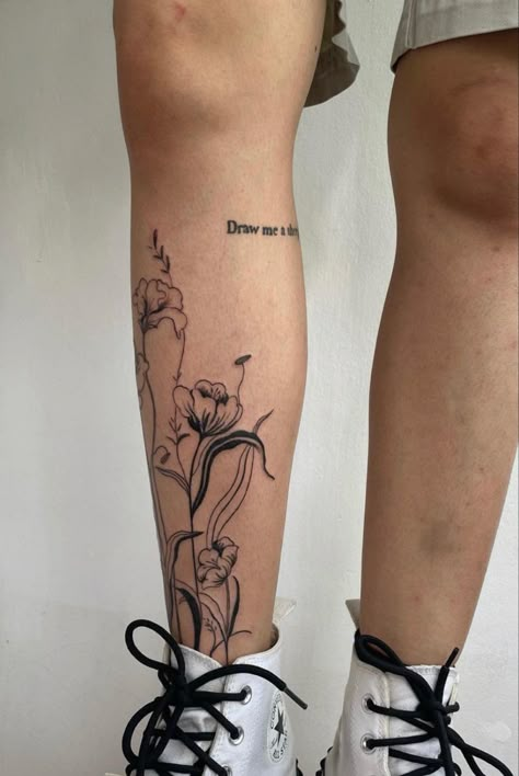 Flowers Growing Up Legs Tattoo, Wrap Around Calf Tattoos For Women, Leg Tattoos Calf, Flower Shin Tattoo, Tattoos Calf, Floral Leg Tattoo, Tattoo Ideas Leg, Leg Tattoo Placements, Calf Tattoos For Women