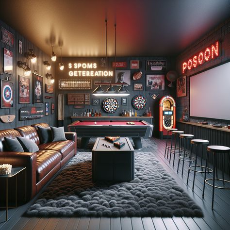 Classic man cave, fitted with a cozy leather couch, large TV, burgundy pool table, mini bar and dartboard. Sports and movie memorabilia adorn the walls. Grey carpet, neon sign, vintage jukebox and popcorn machine add fun elements. #ManCave #HomeEntertainment #GameRoom #PoolTable #MiniBar #SportsMemorabilia Modern Game Room, Games Room Inspiration, Garage Game Rooms, House Basement, Man Cave Design, Viking House, Home Game Room, Theater Room Design, Arcade Room