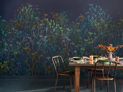 Tania's Garden Midnight Bespoke Mural Meadow At Night, Moody Blue Paint, Botanical Academia, Dark Green Paint, Academia Bedroom, Wallpaper Painting, Garden Mural, Dark Botanical, Mediterranean Plants