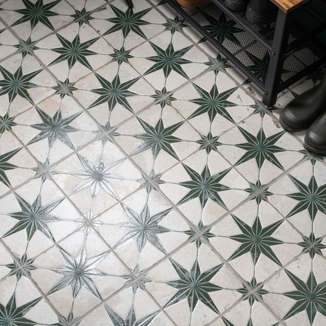 Green Star Tiles, Dark Green Tile Bathroom Floor, Maximalist Flooring, Fun Kitchen Floor, Green Bathroom Floor Tiles, Green Patterned Tile, Star Floor Tiles, Colorful Tile Bathroom, Green Tile Fireplace