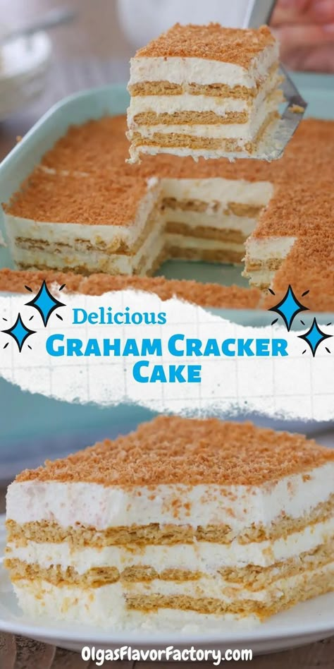 This no-bake graham cracker cake is made with just 5 ingredients and is an amazing copycat of an intricate honey layer cake. The fluffy sour cream frosting makes the cake really tender and the sweet graham crackers pair so nicely with the tangy frosting. Graham Wafer Desserts, Graham Cake, Graham Cracker Dessert, Cracker Cake, Graham Cracker Cake, Cracker Dessert, Sour Cream Frosting, Graham Cracker Recipes, Icebox Cake Recipes