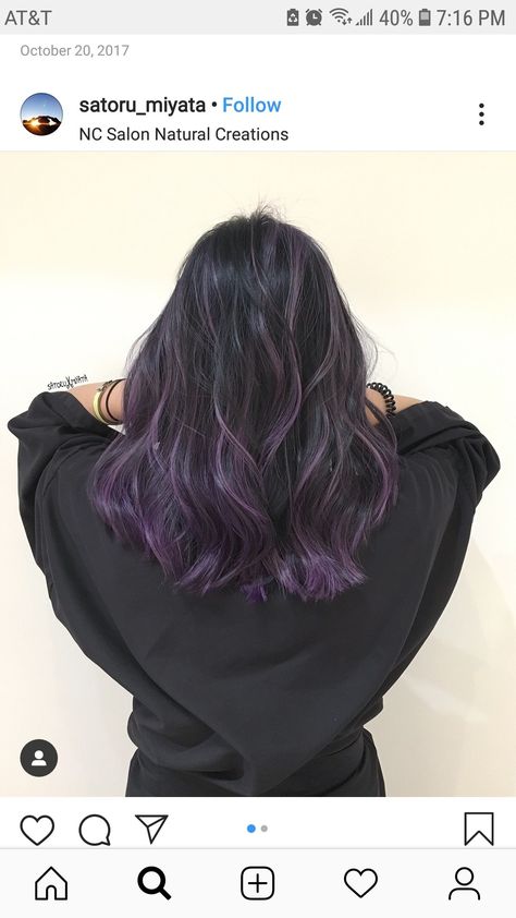 Fun Colour Hair Ideas, Purple Dip Dye Hair Black, Purple Hair Colour On Black Hair, Lilac Dip Dye Hair, Partial Purple Highlights, Underlayer Hair Color Short, Dark Brown Hair With Purple Lowlights, Subtle Purple Hair Highlights, End Hair Color Ideas