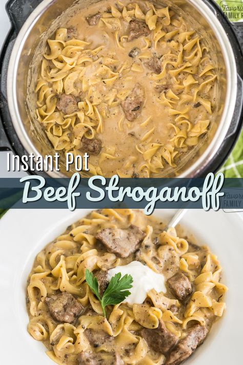 Instant Pot Beef Stroganoff is a comfort food staple that your whole family will love. Using your Instant Pot makes it easy to get fork-tender beef and a rich savory sauce in a fraction of the time. #instantpot #instantpotrecipes #beefstroganoff #dinnerrecipes #FavoriteFamilyRecipes Beef Stroganoff Stew Meat, Ground Beef Instant Pot Recipes, Instant Pot Stroganoff, Beef Stroganoff Instant Pot, Pressure Cooker Beef Stroganoff, Instant Pot Beef Stroganoff, Instant Pot Ground Beef, Instant Pot Stew, Beef Stroganoff Easy