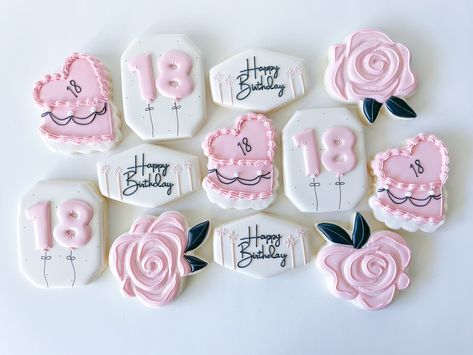 Pink, Black & White, 18th birthday theme for this Cookie set. Always love a girly theme! Inspo pics included number balloons, sparklers and sugar pearls and this is what I came up with! 💖 #cookies #cookiesofinstagram #instagramcookiesdecorated #decoratedcookies #18thbirthday #18thbirthdaycookies #vintageheartcake #prettyinpink #cookier Black And Pink Cookies, 16th Birthday Cookies, 18th Birthday Cookies, Girly Theme, Birthday Sugar Cookies, Pink Cookies, Inspo Pics, 30th Birthday Parties, Number Balloons