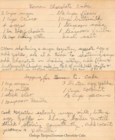 A vintage recipe for a classic German Chocolate Cake with a traditional coconut-pecan German Chocolate Frosting.  #GermanChocolateCake #ChocoalteCake #LayerCake #ChocoalteLayerCake #Chocoalte #Cake #VintageRecipes #Recipe #Vintage #Retro German Chocolate Frosting, Manuscript Handwriting, Magdalen College, Dark Academic, Christina Rossetti, Happy September, German Chocolate Cake, S Heart, German Chocolate