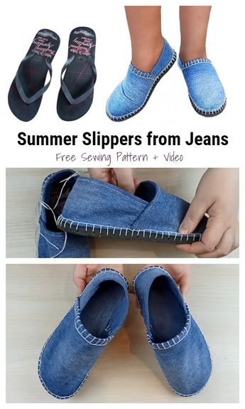 Återvinna Jeans, Sewing Slippers, Fabric Art Diy, Denim Crafts Diy, Diy Slippers, Diy Jeans, Blue Jeans Crafts, Free Sewing Pattern, Sew Ins