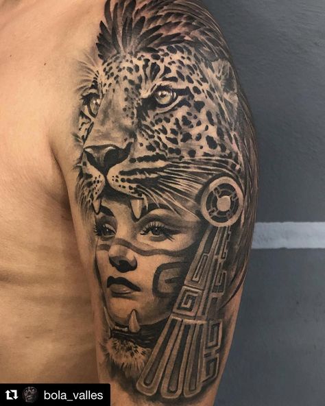 Aztec Jaguar Tattoo, Aztec Jaguar, Aztec Warrior Tattoo, Aztec Tattoos Sleeve, Headdress Tattoo, Jaguar Tattoo, Mayan Tattoos, Aztec Tattoos, Catrina Tattoo