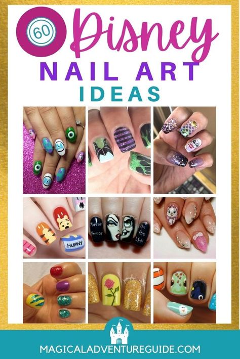 Nail Art Themes Ideas, Nail Ideas For Disney World, Mommy And Me Disney Nails, Disney Fingernail Designs, Easy Disney Nail Art For Beginners, Disney Nails By Skin Tone Range, Disney Nails 2023, Disney Nail Ideas Acrylic, Easy Disney Nails For Beginners