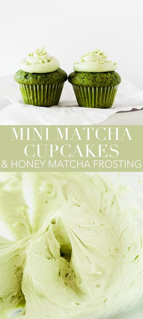 Mini matcha cupcakes with honey matcha frosting are easy to make and loaded with antioxidant-rich matcha for a delicious, adorable spring treat! Their beautiful green color is perfect for St. Patrick's Day! Matcha Food, Matcha Frosting, Matcha Dessert Recipes, Matcha Cupcakes, Matcha Desserts, Tea Cupcakes, Matcha Green Tea Recipes, Matcha Recipes, Green Desserts