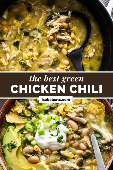 This easy and flavorful Green Chicken Chili Soup is the perfect cozy and comforting weeknight dish. Juicy shredded chicken and white beans come together with green chiles for a warm and tangy bowl of chili. Ready on the stovetop in under 1 hour, or can be made in the crockpot or Instant Pot an even easier meal! Verde White Chicken Chili, Green Chicken Soup Recipes, Slow Cooker Green Enchilada Chicken Soup, Chili Verde Chicken Soup, Green Enchilada Chicken Soup Stove Top, Green Chicken Tortilla Soup, Pueblo Green Chili Recipes, Crockpot Green Chicken Chili, Green Chilli Chicken Crockpot