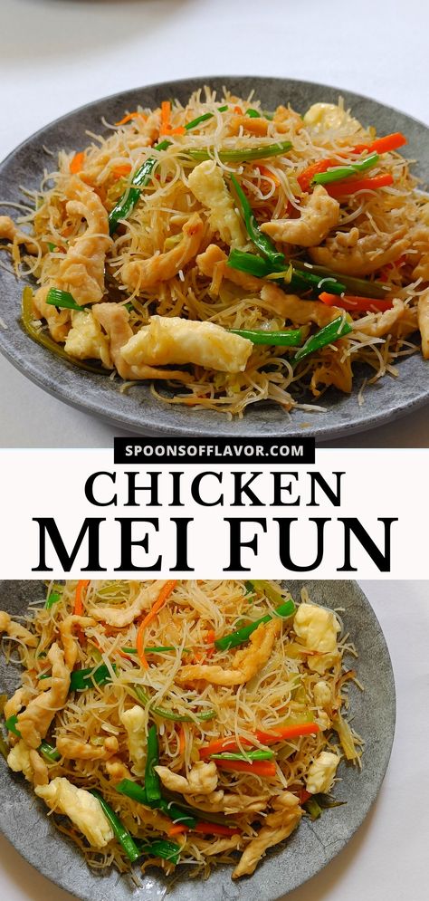 Image showing chicken mei fun served on a grey plate. Chicken Mei Fun Recipe, Chicken Mei Fun, Mei Fun Recipe, Mei Fun Noodles, Mei Fun, Dinner With Chicken, Rice Noodle Recipes, Asian Noodle Recipes, Noodle Recipes Easy