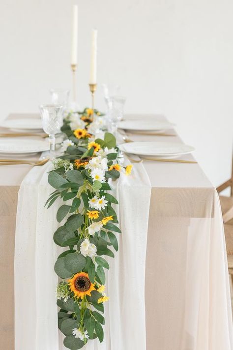 Rose Flower Garland, Greenery Backdrop, Sunflower Wedding Decorations, Eucalyptus Flower, Sunflower Centerpieces, Sunflower Party, Greenery Wall, Sunflower Themed Wedding, Handmade Bouquets