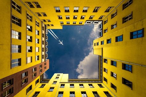 Yellow Wallpaper, Yellow Aesthetic, Inner City, Mellow Yellow, Beautiful Architecture, Amazing Architecture, Architecture Photography, Looking Up, View Photos