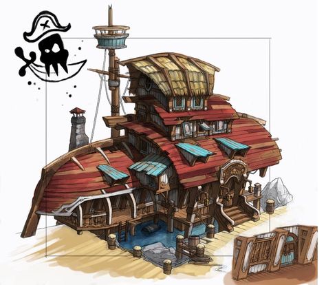 Pirate House Scene (Artyom Vlaskin concept) - Polycount Forum Pirate House, Ship House, Caravan Bar, Bg Design, Building Concept, Fantasy City, Prop Design, Arte Fantasy, 2d Art