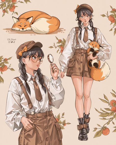 Autumn-inspired illustration featuring a young detective girl with braided blue hair, clad in a vintage outfit, complete with suspenders, brown skirt, and leather boots. She holds a magnifying glass and is accompanied by a charming orange fox, both awake and napping amidst falling leaves and persimmons. Art by Oli_Diart Cute Outfit With Glasses, Orange Outfit Inspo Aesthetic, Fox Outfit Aesthetic, Autumn Outfits Drawing, Fox Inspired Outfit, Detective Pose, Clothing Illustration, Vintage Detective Aesthetic, Fox Outfit