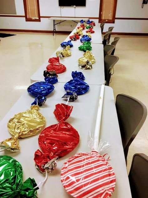 Jumbo Candy Decorations – Haphazard Homemaker Jumbo Candy Decorations, Christmas Parade Floats, Candy Decorations Diy, Diy Christmas Candy, Vbs 2023, Gingerbread Christmas Decor, Vbs 2024, Giant Candy, Gingerbread House Decorations