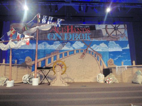 Stage set All Hands on Deck Banquet Theme Ideas, Peter Pan Set Design, Pirates Decor, Jonah Vbs, Cruise Ship Party, Pirate Play, Theater Props, Pirate Props, Kids Worship