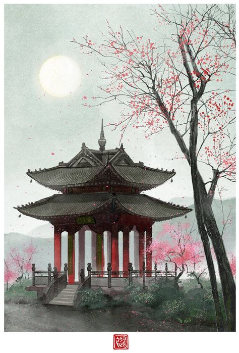 Chinese Background, Asian Painting, Chinese Landscape, Chinese Architecture, China Painting, Landscape Scenery, Anime Wall Art, Landscape Illustration, Chinese Painting