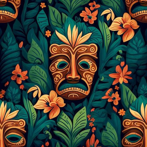 Tiki Mural, Tiki Backyard, Tiki Ideas, Outdoor Tiki Bar, Boat Theme, Hawaii Tiki, Jungle Flowers, Batik Motif, Tiki Lounge