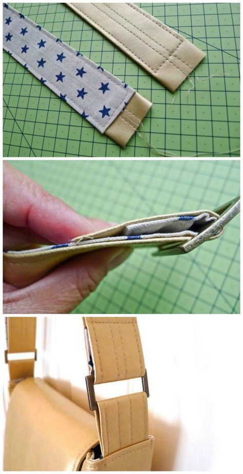 How to make less bulky leather bag straps by backing them with fabric and only using two layers of vinyl/pleather. Looks SO pretty using a fabric to match the bag/lining and makes sewing much easier too. Sew A Bag, Bag Lining, Modern Bag, Diy Handbag, Sewing Purses, Bag Sewing, Handbag Patterns, Bags And Totes, Sewing Leather