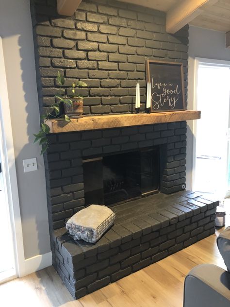 Paint Fireplace Brick, Brick Fireplace Painted, Wood Stove Hearth Ideas, Black Brick Fireplace, Fireplace Redo, Painted Brick Fireplace, Painted Brick Fireplaces, Dreamy Decor, Fireplace Update