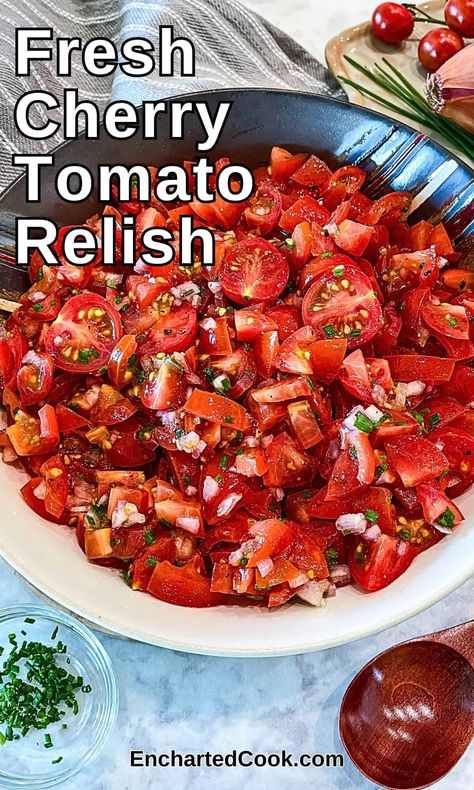 My Cherry Tomato Relish is loaded with fresh flavor and is a perfect condiment for eggs, chicken, burgers, fish, and sandwiches. It's easy to make and perfect for any season. Cherry Tomato Recipes, Vegetarian Salad, Vegetarian Salad Recipes, Fresh Cherry, Tomato Relish, Relish Recipes, Vegetarian Salads, Pickled Veggies, Buffalo Chicken Dip