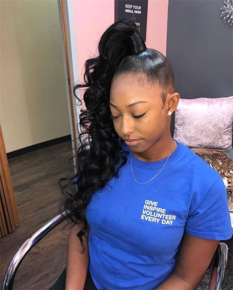 Slick Ponytail Hairstyles Prom, Quick Easy Ponytail Hairstyles Black Women, Side Ponytail Hairstyles For Black Women, Curly Weave Ponytail Hairstyles, Genie Ponytail Weave, Curly Ponytail Weave, Genie Ponytail, Side Ponytail Hairstyles, Ponytail Hairstyles Tutorial