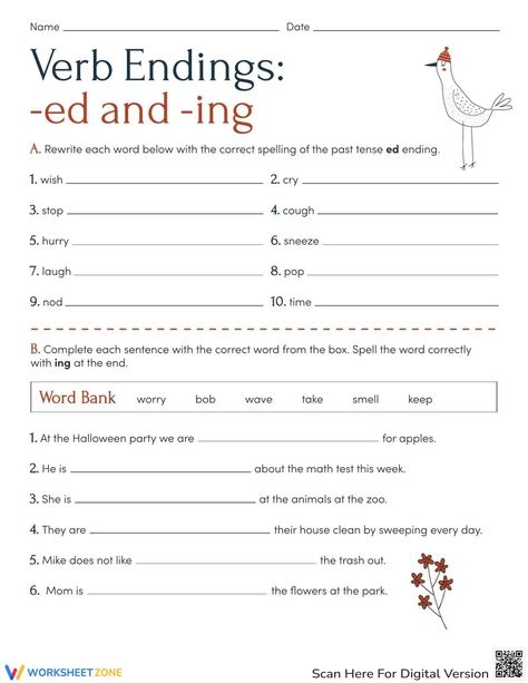 Verb Endings -ed And -ing Worksheet Ed Endings, Inflectional Endings, Verb Forms, Spelling Patterns, Math Test, Word Bank, Past Tense, English Class, How To Gain Confidence