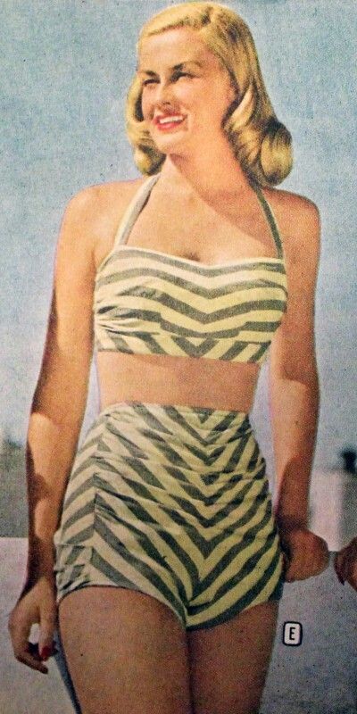 1947 Striped Two Piece Bathing Suit Vintage Fashion 1940s, 1940s Swimsuit, Vintage Bathing Suit Patterns, 50s Swimsuit, Bathing Suit Women, 1940s Outfits, Fashion 1940s, Vintage Bathing Suits, 1940s Style