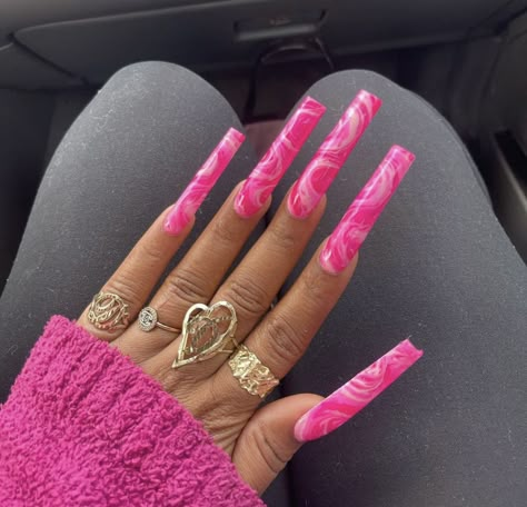 Long Fun Nails, Purple Long Nails Designs, Fun Long Nails, Xl Square Nails Designs, 90s Curved Nails Long, Hot Pink Long Nails, Extra Pink Nails, Long Exotic Nail Designs, Exotic Nails Acrylic