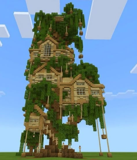 Big Tree Drawing Easy, Minecraft Houses Treehouse, Fairy Cottage Minecraft, 3d Pyssla, Treehouse House, Minecraft Blueprint, Minecraft Treehouses, Minecraft Cool, Fairy Treehouse