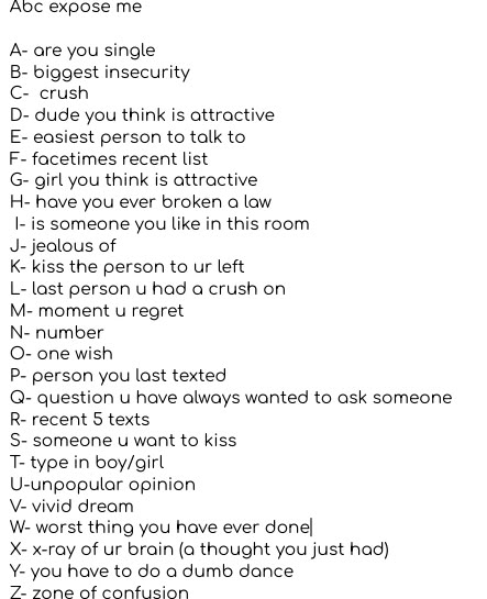 A B C Expose Me Questions, How To Play Abc Expose You Game, Abc Expose Me Game, Abc's Expose You Game, Abc's Expose U, Soulmate Games On Paper, Abc Expose Me Questions Juicy, Abc Expose Me Questions A-z Juicy Quiz, Abc Questions