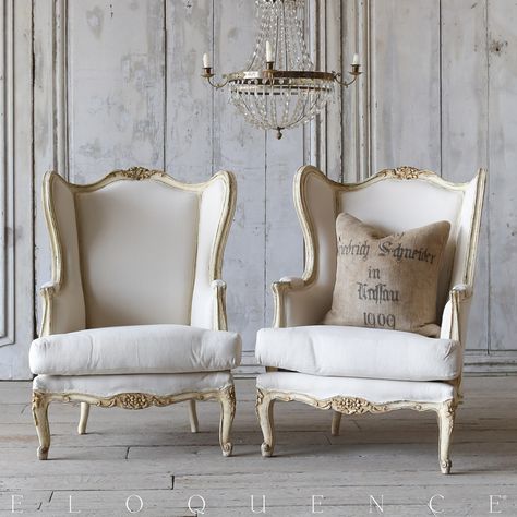 Eloquence® Distressed Cream Vintage Wing-Back Louis XV Bergeres: 1940 White Armchair, Vibeke Design, Swedish Decor, French Country Furniture, White Chairs, French Style Furniture, Country Style Decor, Grey Armchair, French Chairs