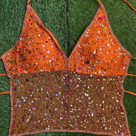 Vintage Orange Y2k Top Beaded And Sequin Throughout (Iridescent) One Tie Around The Neck And Three Ties Around The Back Making It Adjustable Bust Area Is Lightly Padded And Torso Area Is Sheer Extra Beads And Sequins Attached Never Worn, However There Are Some Flaws Flaws: Some Holes In The Torso Mesh Area (See Photos 8-11) Holes Not Noticeable Due To Beading And Sequin Throughout The Top Y2k . 2000s . 00s . Fairy . Fairycore . Rave . Festival . Edc . Ultra . Sequin . Sparkly . Backless . Trendy Thrifting Ideas, Orange Y2k, 2000s Tops, Beaded Shirt, Edc Outfits, Y2k Top, Concert Fits, Rave Festival, Vintage Orange