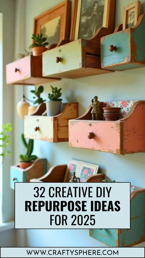 Creative DIY repurpose ideas for 2025 featuring vintage drawers turned into stylish wall shelves for home decor. Rustic House Diy Projects, Creative Home Organization, Upcycled Living Room, Repurposed Shelf Ideas, Diy Unique Shelves, Functional Home Decor Ideas, Diy Country Wall Decor, Random Things To Make Diy, Upcycled Shelf Ideas