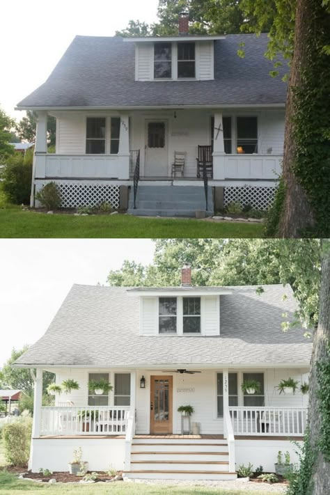 curb appeal to old farmhouse porch. Farmhouse porch exterior makeover #farmhouseporch #farmhousedecor #farmhouse Exterior Curb Appeal, Farmhouse Style Exterior, Porch Exterior, House Makeovers, Porch Remodel, Porch Makeover, Home Exterior Makeover, Exterior Renovation, Farmhouse Remodel