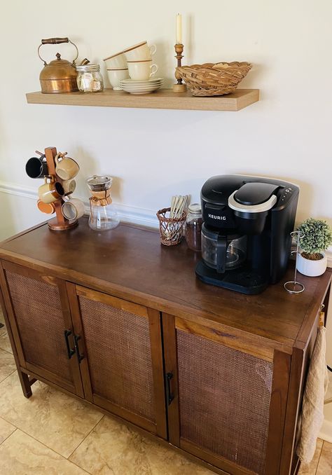 Dark Wood Coffee Bar, Tall Bar Cabinet Styling, Vintage Buffet Coffee Bar, Buffet Coffee Station, Buffet Bar Decor, Coffee Bar Dark Wood, Coffee And Bar Cart Ideas, Coffee Bar On Desk, Kitchen Buffet Coffee Bar