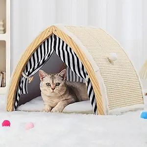 Amazon.com : COODIA Cat House, Cat Beds for Indoor Cats, Cat Scratchers with Sisal Scratching Board, Cat Scratcher Bed with Fluffy Ball Hanging, Cat Condo 20x16x16 inches : Pet Supplies Tent Craft, Pet Tent, Tent House, House Tent, Cat Tent, Outdoor Cat House, Cat Scratchers, Dog Beds For Small Dogs, Cat Tunnel