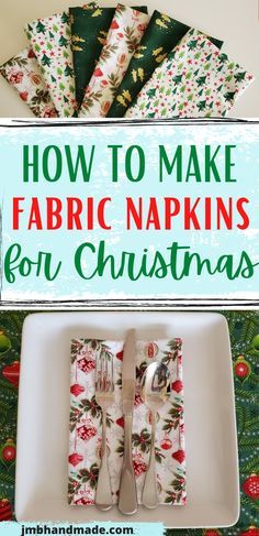 Make Napkins Sewing Projects, Napkin Sewing Ideas, Making Napkins Sewing Projects, Christmas Table Sewing Projects, How To Sew Table Napkins, Dinner Napkin Sewing Pattern, Fabric Napkins Diy How To Make, Crafts With Christmas Fabric, Sewing Patterns Free Christmas