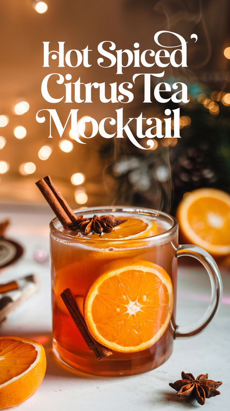 "Warm up your winter with this delightful Hot Spiced Citrus Tea Mocktail  Recipe! Perfect for cozy gatherings, this non-alcoholic beverage combines  zesty citrus flavors with aromatic spices, making it one of the best  mocktail recipes for the season. Enjoy a comforting cup of this winter  drink that’s not only refreshing but also easy to prepare. Discover more  citrus tea recipes and elevate your cozy drink ideas today!" Hot Tea Recipes For Colds, Non Alcoholic Hot Drinks, Hot Drink Mocktails, Warm Christmas Drinks Nonalcoholic, Hot Christmas Drinks Nonalcoholic, Warm Punch Recipes, Warm Non Alcoholic Drinks For Winter, Hot Beverages For Cold Weather, Citrus Tea Recipe