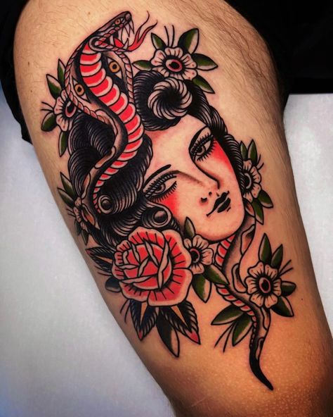 Traditional Tattoo Girls, Tv Tattoo, Traditional Tattoo Woman, Tattoos Illustration, Cobra Tattoo, Traditional Tattoo Inspiration, Sailor Jerry Tattoos, Traditional Style Tattoo, Traditional Tattoo Design