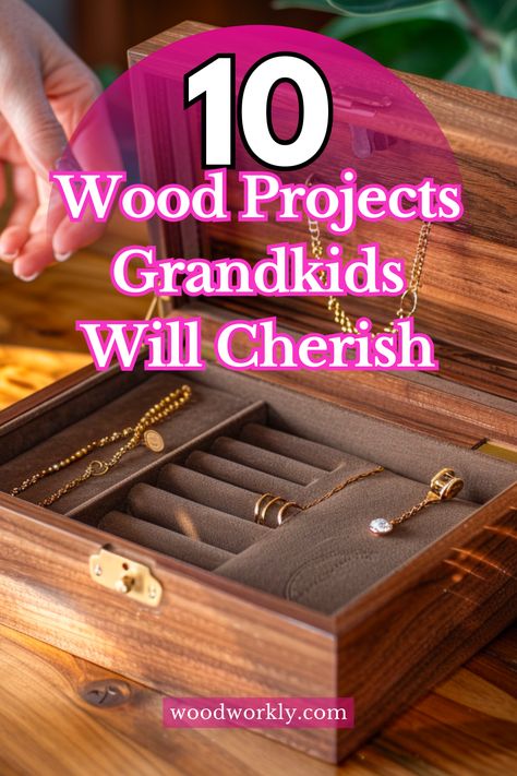 Explore charming wood projects that your grandkids will treasure for years to come. Perfect for bonding and creating lasting memories!  #WoodProjects #DIYIdeas #FamilyCrafts #Woodworking Diy Wood Jewelry Box Ideas, Wood Souvenir Ideas, Diy Wooden Toys For Kids, Middle School Woodworking Projects, Wooden Gifts For Kids, Kids Woodworking Projects, Wooden Toy Chest, Kids Jewelry Box, Wooden Memory Box