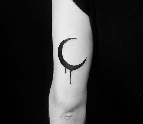 The moon was a means of demarcating time, primitive rituals were associated with it. Dripping Moon Tattoo, Blackwork Moon Tattoo, Mens Moon Tattoo, Crescent Moon Tattoo Men, Dark Moon Tattoo Design, Moon Tattoo For Men, Gothic Moon Tattoo, Moon Forearm Tattoo, Dark Moon Tattoo