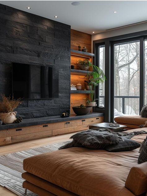 Black Stone Wall Living Room, Dark Wall In Living Room, Dark Wood Aesthetic Living Room, Dark Color Basement Ideas, Black Wall Interior Design, Tv Stone Wall Design, Dark Living Room Decor Ideas, Black Wall Tv Living Room, Tv Wall Design In Bedroom