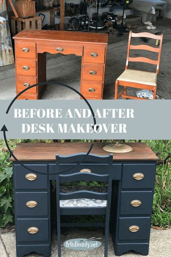 Paint Wooden Desk, Desk Revamp, Refinished Desk, Desk Makeover Diy, Desk Redo, Diy Furniture Flip, General Finishes Milk Paint, Flip Ideas, Blue Desk