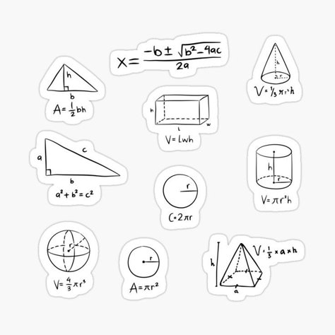 Study stickers of mathematic equations including area and volume, quadratic formula and quadratic equation. Geometry Stickers, Geometry Notes, Study Stickers, Volume Math, Geometry Formulas, Notebook Labels, Quadratic Formula, Math Design, Sat Prep