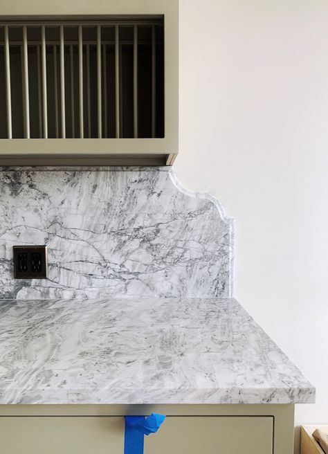 Our Countertops + Backsplashes — A Layered Life Marble Quartz Countertop, Super White Granite, Quartz Countertops And Backsplash, Super White Quartzite, White Quartzite Countertops, Stone Well, Marble Backsplash Kitchen, Granite Backsplash, White Granite Countertops