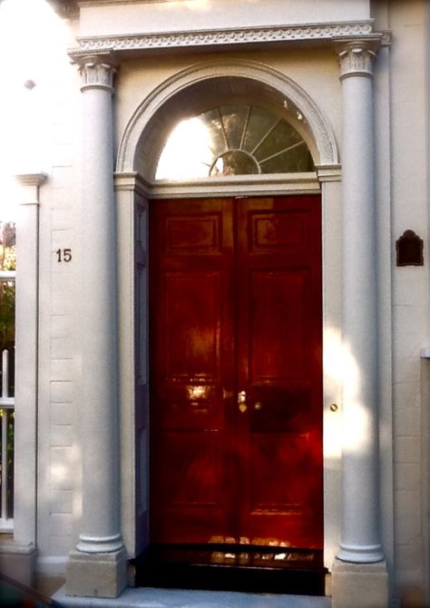 Dark red door makes a lovely contrast to the white exterior. Elegant Entrance, Europe Street, Door Paint, Front Door Paint Colors, Door Paint Colors, Painted Front Doors, Front Gates, White Exterior, Beautiful Windows