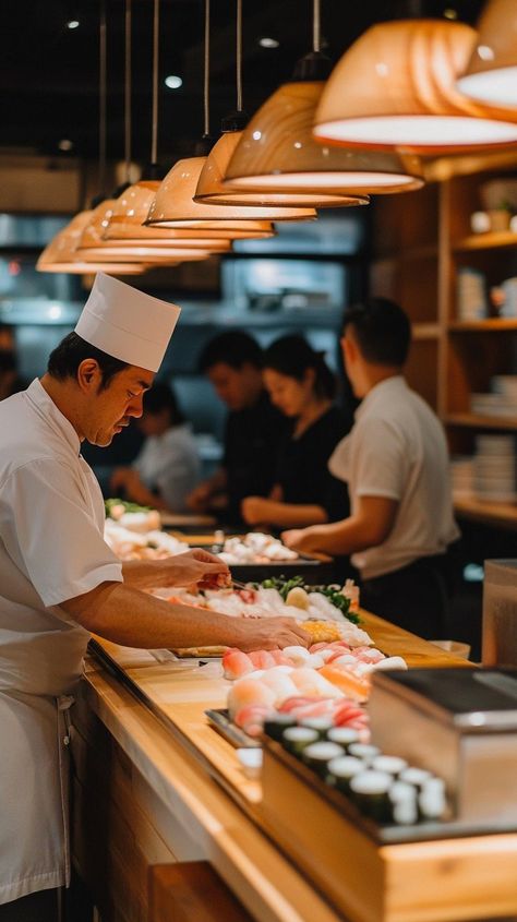 "Chef preparing sushi: A skilled #sushichef in a #traditionalwhitehat meticulously arranges sushi on a long counter. #japanesecuisine #gastronomy #culinaryarts #foodphotography ⬇️ Download and 📝 Prompt 👉 https://stockcake.com/i/chef-preparing-sushi_1304632_168817" Sushi Chef Photography, Sushi Photography, Food Photography Sushi, Chef Dress, Sushi Restaurant Pics, Chef Pictures, Focus Foods, Japan Sushi Restaurant, Sushi Chef