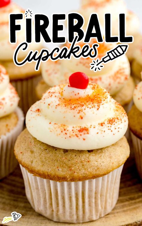 a close up shot of a Fireball Cupcakes on a wooden stand Fireball Cupcakes, Boozy Cupcakes Recipes, Alcoholic Cupcakes, Fireball Recipes, Boozy Baking, Infused Cupcakes, Cake Mix Cupcakes, Boozy Cupcakes, Cupcake Decorating Tips